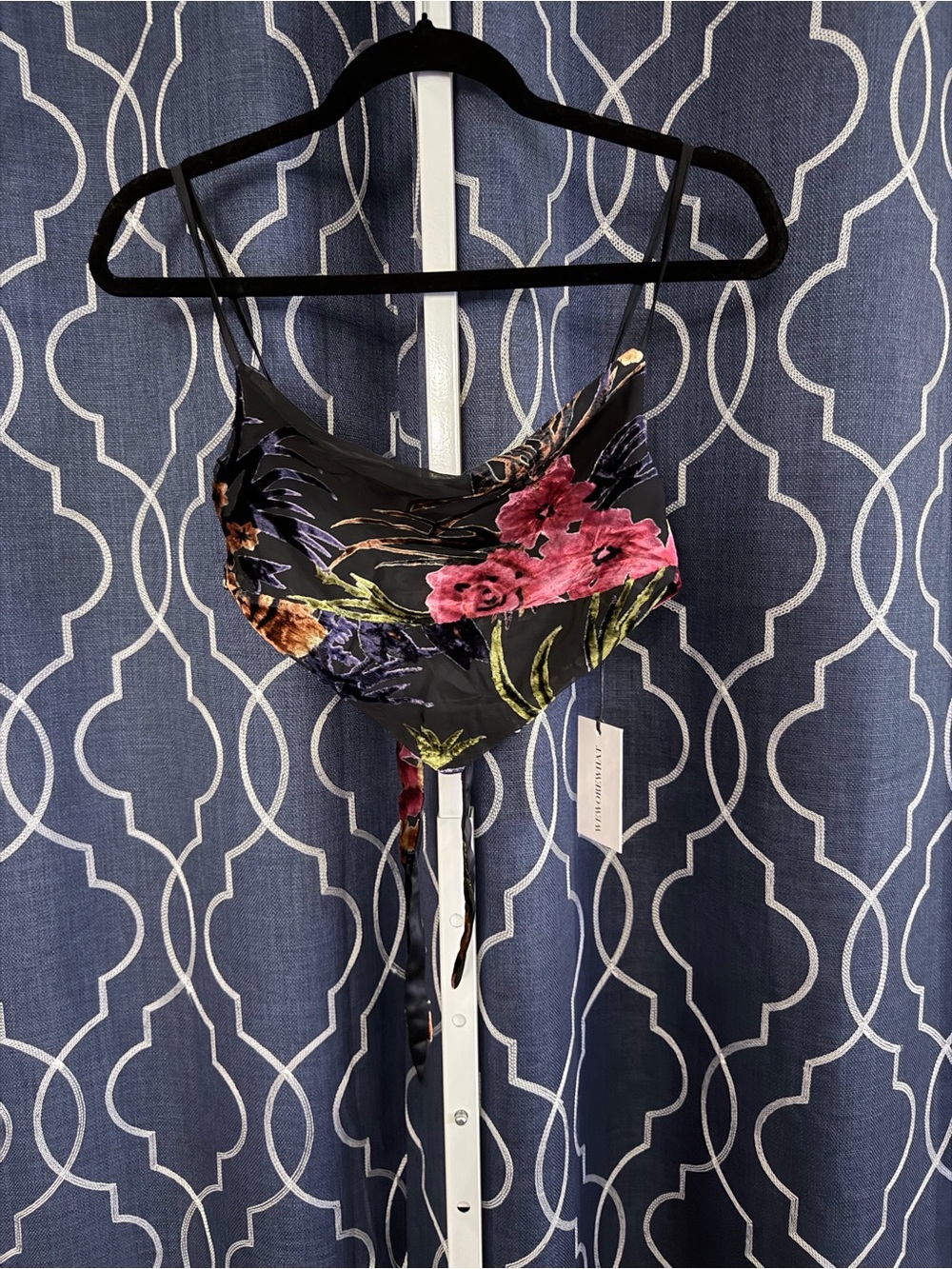 WeWoreWhat Black Floral Satin Cami Bodysuit with Pink and Purple Blooms